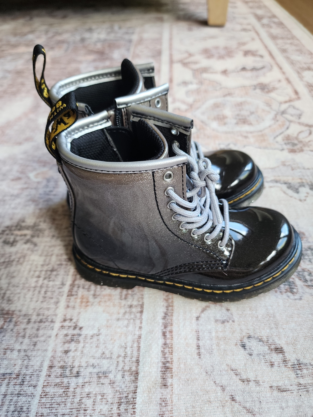 Dr. Martens Kids Metallic Gray and Black Lace-Up Boots. Two Available.